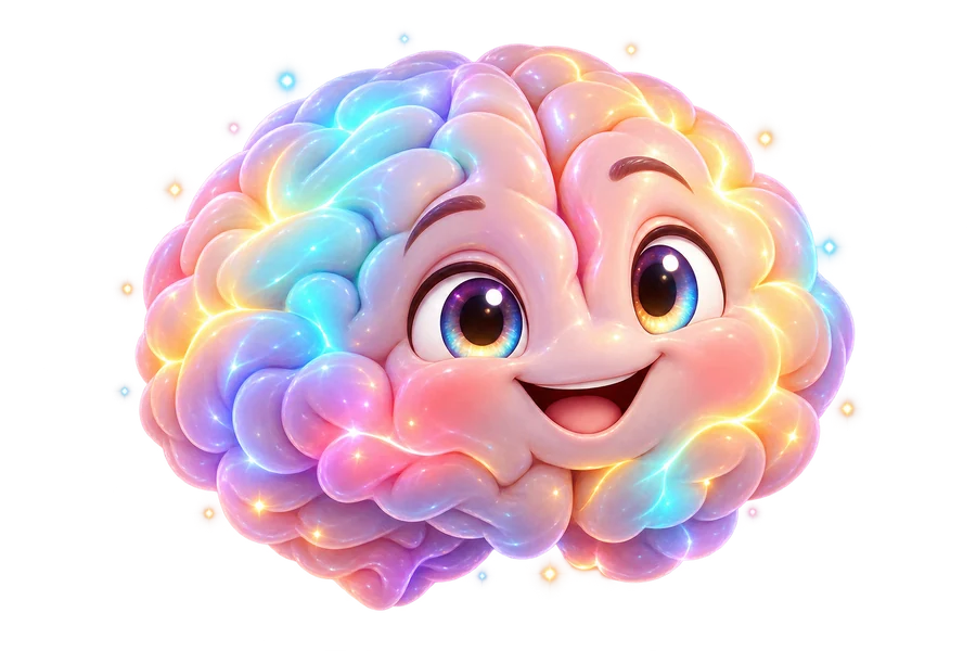 Cerebro sonriente con distintas áreas iluminadas de colores.